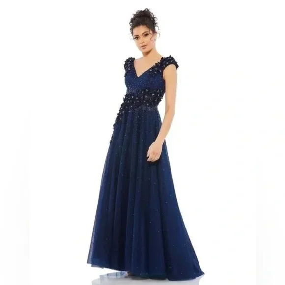 Mac Duggal 11152 3D Floral Applique A-Line Evening Gown Midnight Blue Sz. 20 NWT - Picture 1 of 8